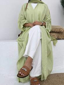 1 bucată culoare solidă simplă cu șnur manșete femei culoare solidă îmbrăcăminte din Orientul Mijlociu rochie lungă la modă și elegantă cardigan rochie halat Abaya potrivit pentru festivaluri zilnice