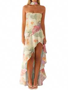 Women Casual Tube Dress Summer Solid Color/Floral Print High Low Ruffles Dress With Scarf For Cocktail Streetwear - 米色 - 查看 8