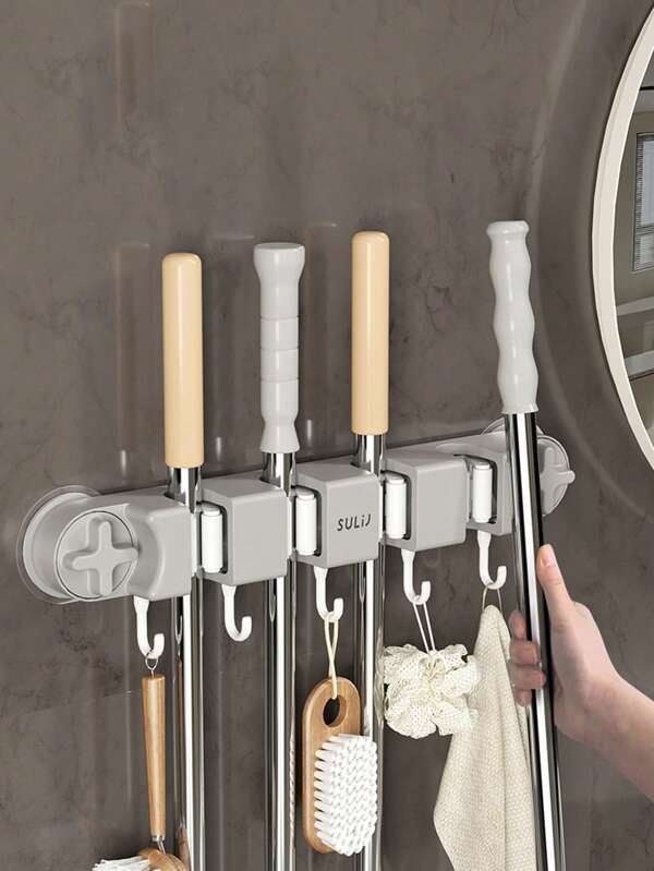 1pc ABS+Silicone 4-Row Suction Cup Mop Holder Clamp, Bathroom Wall Mounted Vacuum Suction Cup Movable Mop Clamp Storage Rack, No Drilling, Strong Fixing Multi-Function Mop Rack
