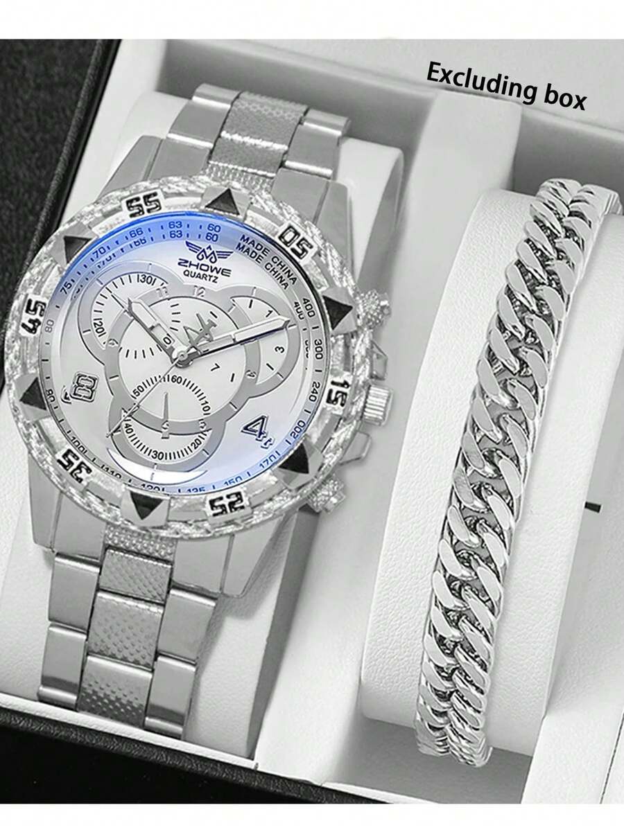 2 Stücke/Set Luxus Herren Quarz Uhr mit Stahlband, große Ziffernblatt Modeuhr + Armband Set