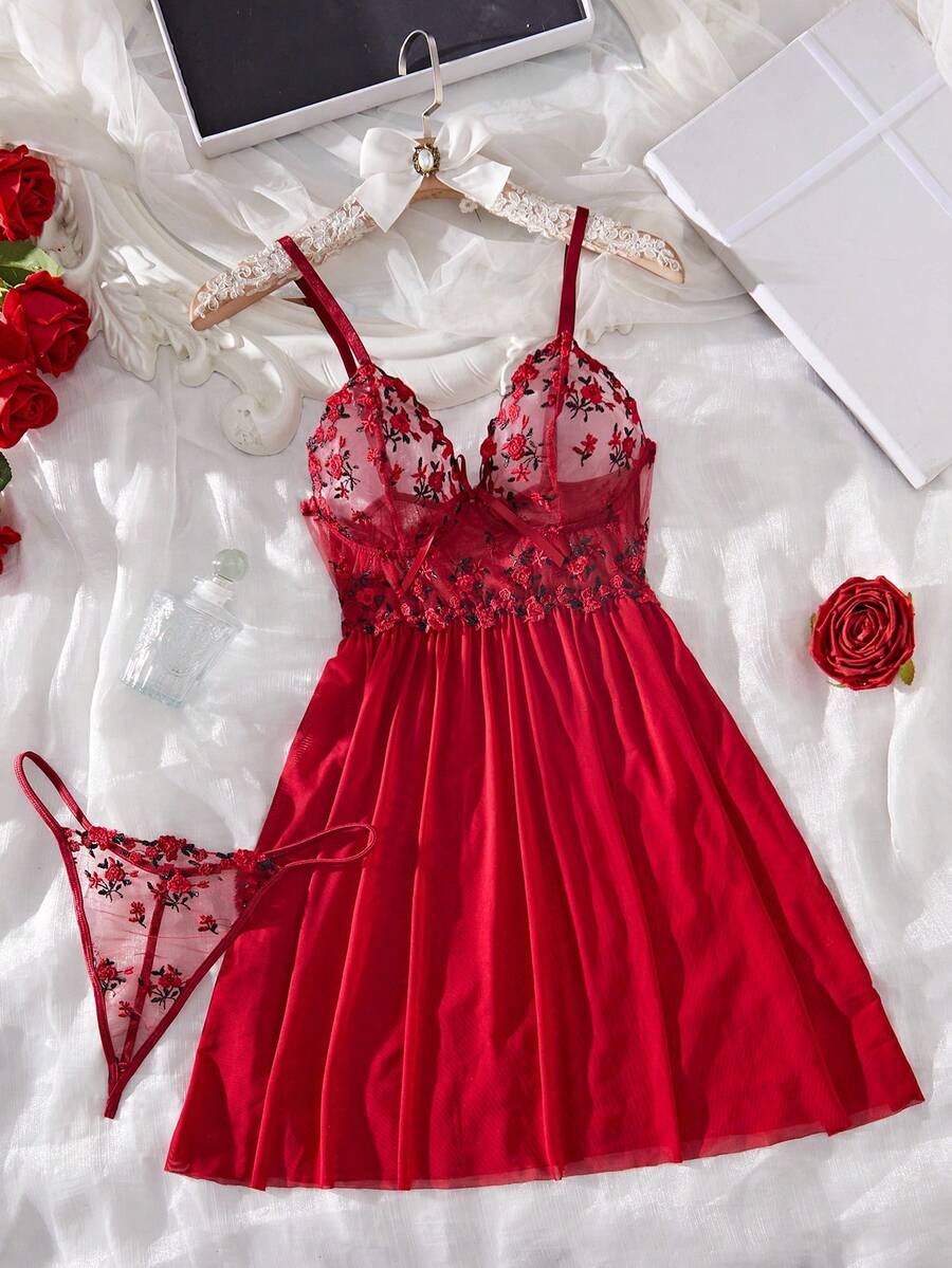 ROMWE Kawaii Damen einfarbiges Mesh-Kontrast-Spitzen-durchsichtiges sexy Camisole Nachthemd, Rave - Bordeaux - Übersicht 1
