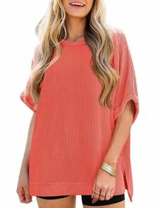 Women's Oversized Summer Casual Ribbed Batwing Short Sleeve Tunic Tops Loose Fit Dolman Sleeve Tees - Orange - View 1