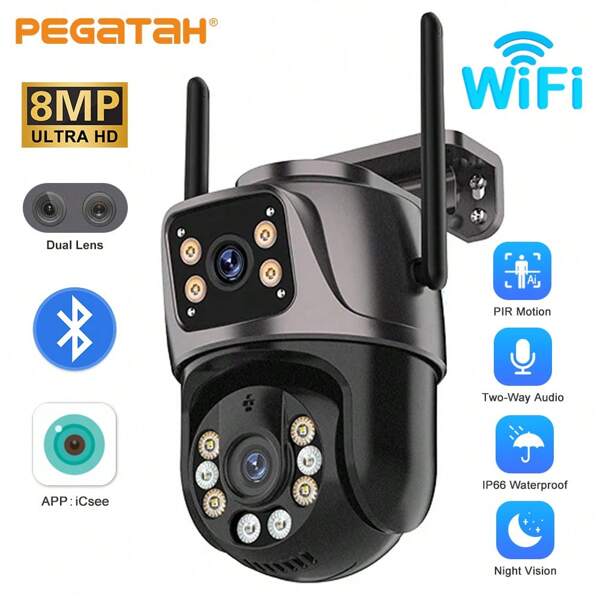 8MP Ultra-HD Dual-Lens PTZ Camera, 360° Rotation, AI Human Detection, Full-Color Night Vision, Sound & Light Alarm, Two-Way Audio, WiFi/Mobile Remote, APP Control, IP66 Waterproof & Dustproof For Outdoor/Home/Commercial Use