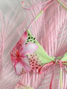 Sexy Leopard & Floral Print Tie-Up Bikini Set, European & American Style, Suitable For Summer Beach Vacation And Pool Party
