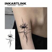 INKARTLINK 非永久性纹身 - 1 片莲花图案临时纹身，逼真的手臂假纹身贴纸，防水防汗，持续 1-2 周，女性人体艺术贴花 - 黑色 - 查看 3
