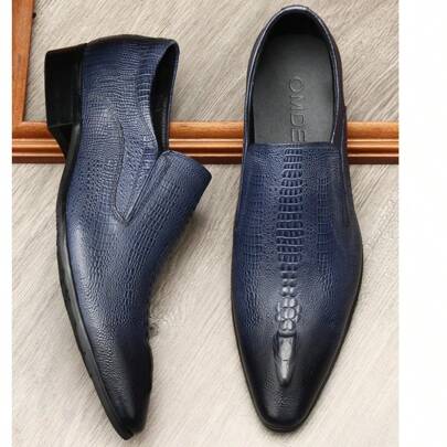 Men's Vintage Crocodile Print Slip On Dress Shoes Pointed Toe Comfort Breathable Chunky Heels Dress Shoes For Business Work Dating