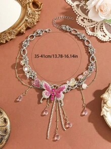 1 buc Pandantiv Y2K cu fluture roz și inimă, cu decor floral și colier cu ciucure, bijuterii fermecătoare cadou pentru femei, sărbători/zi de naștere