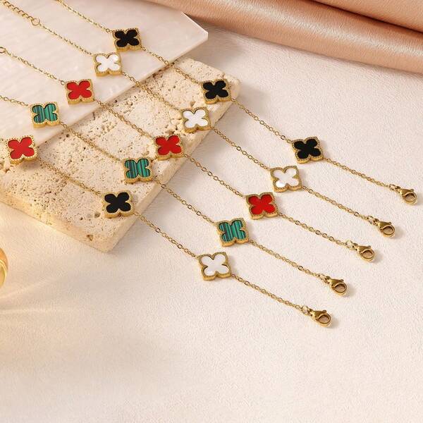 1 pieza Elegante pulsera de acero inoxidable con diseño de trébol de cuatro hojas y concha, joyería floral elegante como regalo para la novia