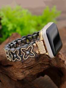 1pc Fashionable Classic Lucky Grass Zinc Alloy Elastic Bracelet Strap Compatible With Apple Watch Band 38/40/41/42/44/45/49/(S10 42)/(S10 46)Mm, Retro Elegant Simple Flower Rhinestone Zinc Alloy Bracelet Strap Is Compatible With Iwatch Band Ultra2/S10/SE/9/8/7/6/5/4/3/2/1Series, Bohemian Style Women Watchbands, Fine Women Fashion Watch Accessories, Smart Watch Strap/Band, Unique Personalized And Style Strap, Valentine's Day Mother's Day Gift