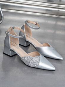 Women Elegant Silver Sandals High-Heeled Shoes Comfortable Pointed Toe Mary Jane Mid-Heel Closed Toe Summer Shoes