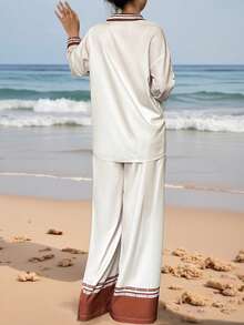 波西米亚风假日女式宽松时尚休闲春夏撞色英文字母和趣味鱼数码印花长袖衬衫和裤子两件套