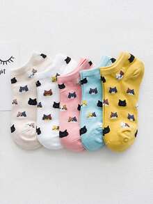 5 أزواج جوارب كاحل للسيدات بنمط قطة كرتونية، ناعمة وراحة القدم، جوارب كاجوال عصرية، لجميع المناسبات الحياتية، مناسبة لكافة الفصول