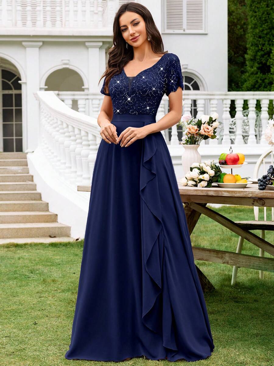MIUSOL Deep V-Neck Contrast Sequin Lace Ruffle Trim Chiffon Formal Party Maxi Dress,Formal Evening Gown