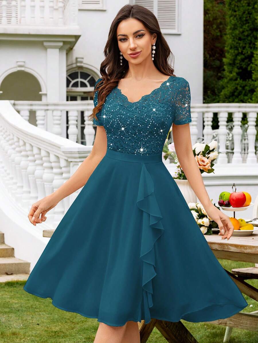 MIUSOL V-Neck Sequin Floral Lace Ruffle Hem Chiffon Ballgown, Elegant Women's Party Dress, Suitable For Formal Parties, Vacations, Homecoming, Graduation Ceremonies And Other Occasions