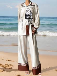 波西米亚风假日女式宽松时尚休闲春夏撞色英文字母和趣味鱼数码印花长袖衬衫和裤子两件套