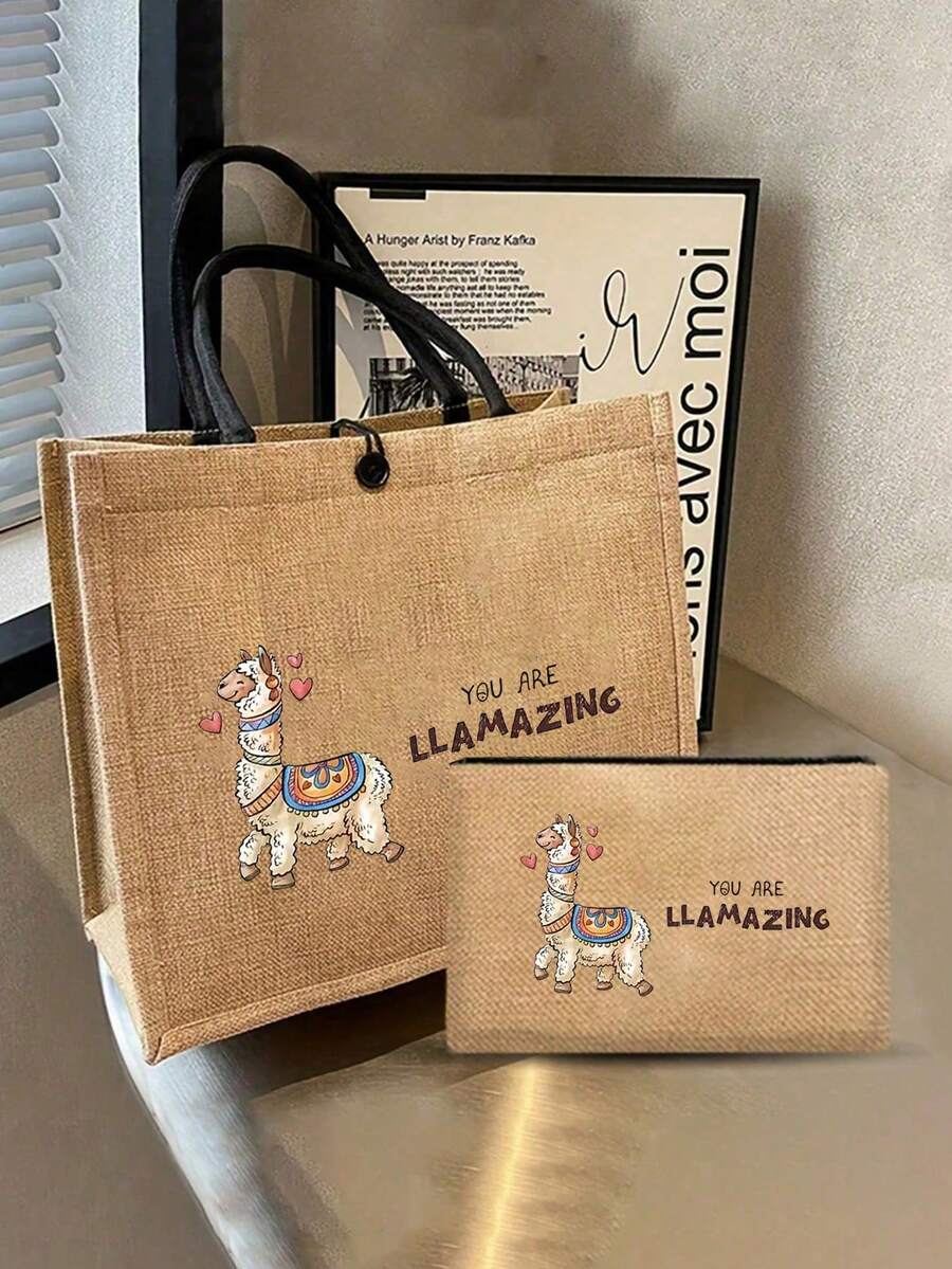 "Love Alpaca"Pattern Linen Tote Bag, Eid Al Adha Printed With A Alpaca Pattern,Small Bag With Print Travel Storage Bag,Large Capacity Travel Makeup Bag Reusable Women's Tote Bag, Double Handle Shopping School Bag, Large Capacity Shoulder Bag, Casual Tote Bag,Suitable For Commuting, School And Shopping, Convenient For Outdoor Use, Family Reunion,Feast Gift - Giving Gift For Friends And Besties,Festival Of Sacrifice - Khaki - View 1