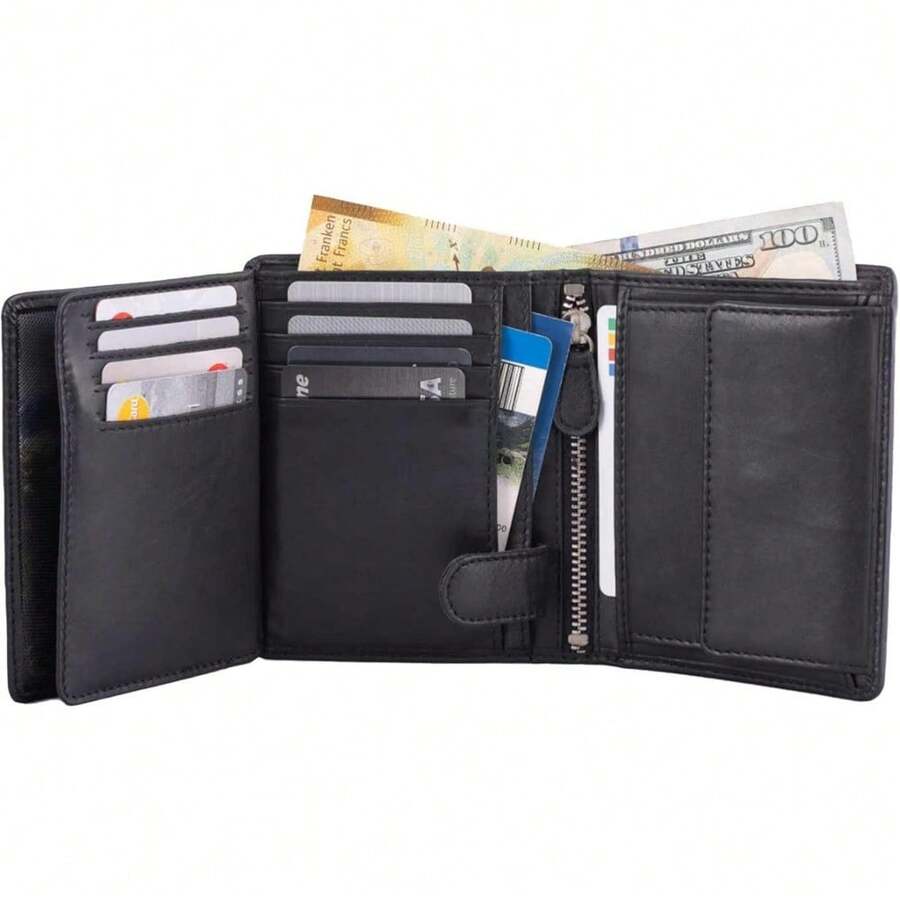 Billetera para hombres de gran tamaño (color marrón claro) con compartimento con cierre de seguridad y de monedas, fabricada en piel de grano entero genuina con bloqueo, tipo bifold con ventana de identificación extraíble - Napa negra - Ver 1
