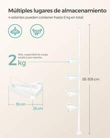 Estante Esquinero de Ducha, Estante de Ducha de Baño de 4 Niveles, 85-305 cm Sportes de Ducha Ajustables, Organizador de Baño, Blanco - Blanco - Ver 4