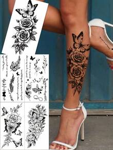 5pcs Black Body Art Temporary Tattoos, Waterproof & Sweatproof, & , Unique Designs For Valentine's Day, Easy To Apply & Remove, Includes Black Butterfly, Colorful Flowers, Leaves