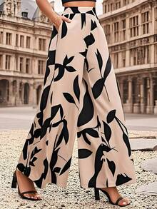 Sensual Star Clasi Pantalones de Mujer de Cintura Alta y Pierna Ancha con Estampado de Plantas, Casuales y Sueltos, para Uso Diario - Caqui - Ver 3