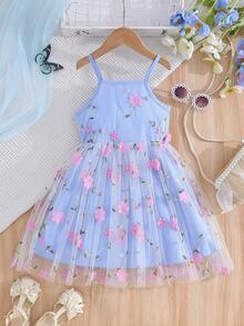 年轻女孩夏季休闲优雅无袖花卉植物网眼吊带连衣裙（带腰带装饰） - 藍色 - 查看 2