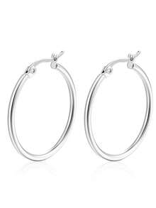 1 Cặp bông tai vòng tròn cổ điển bằng thép không gỉ, bông tai tròn lớn phóng đại không gây dị ứng không phai màu màu bạc và vàng dành cho phụ nữ - Bạc - Xem 7