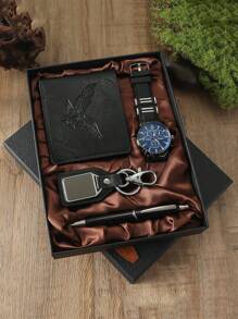 Conjunto de 4 relógios masculinos com movimento de quartzo, retroiluminação LED, conjunto de presente com chaveiro, carteira e caneta - presente de Dia dos Pais