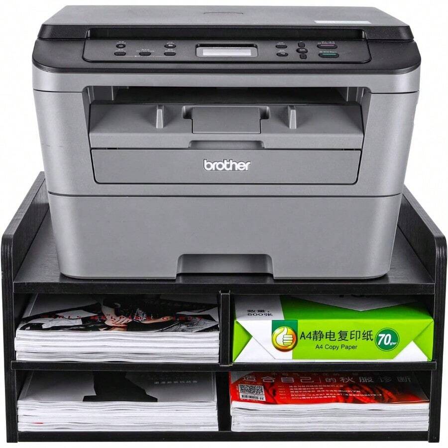 2-Tier Wood Printer Stand With Storage,Office Desk Desktop Printer Shelf With 3 Open Compartments For Office Home School,Black - Black - View 1