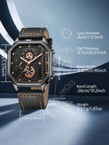 1 peça Relógio de Homem com Pulseira de Couro PU Preto, Fashionable Business Classic Mostrador Retangular Digital de Escala Quartzo, Adequado para Combinação de Roupa Diária, Presente de Férias Perfeito