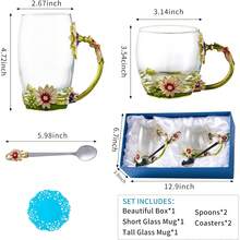 Tea Cup Glass Coffee Mugs,Fancy Tea Cup Set Birthday Christmas Valentine's Day Gift Idea For Tea Lover And Women Novelty Coffee Mugs Rose Flower Enamel Tea Cup Glass Mug With Spoon Set - 綠色 - 查看 4