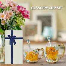 Tea Cup Glass Coffee Mugs,Fancy Tea Cup Set Birthday Christmas Valentine's Day Gift Idea For Tea Lover And Women Novelty Coffee Mugs Rose Flower Enamel Tea Cup Glass Mug With Spoon Set - 藍色和天藍色 - 查看 2