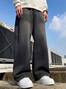 男士直筒棉质水洗牛仔裤，斜口袋设计，百搭阔腿水洗牛仔裤，情侣款直筒宽松版型，垃圾摇滚风