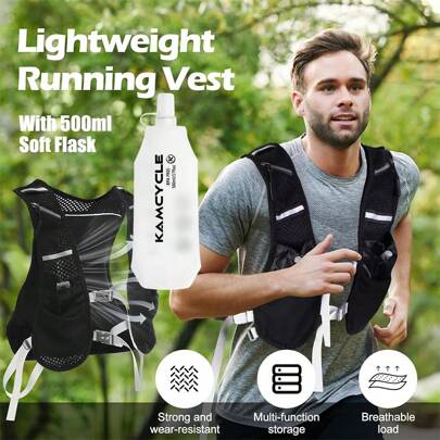 Hydration Running Vest Backpack(Backpack With 1pc 500ml Soft Flask),Lightweight 5L Running Backpack,Camel Hydration Backpack Water Backpack,Breathable, Adjustable, Reflective Running Hydration Vest, For Cycling, Race, Hiking Gym Bag Running Accessories Sports Bag For Women Sport Bag For Sports For Fitness For Exercise Large Capacity Travel Bag For Vacation For Men Travel Essential Durable For Running For Hiking