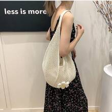 Hollow Knit Tote Bag, Large Capacity Women Handbag Beach Bag, Unlined, Polyester Fiber, Suitable For Summer Beach Leisure, Single Party Gift