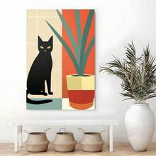1Pc Framed Wall Art Black Cat, Indoor Plants, Modern Minimalist Style Canvas Poster Paintings Ideal Gift For Living Room Bedroom Corridor Wall Decor Room Decoration Ready To Hang - Multicolor - View 4