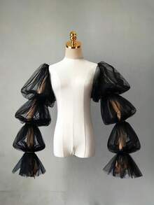 1 对女士袖口，有黑色、白色、红色、粉色、浅蓝色、香槟色可选，新娘手套，婚纱配饰，多层薄纱泡泡袖 - 彩色 - 查看 14