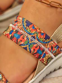 女士轻便厚底波西米亚坡跟凉鞋，舒适时尚百搭一脚蹬波西米亚风佩斯利图案海滩度假不对称户外海滩节假期