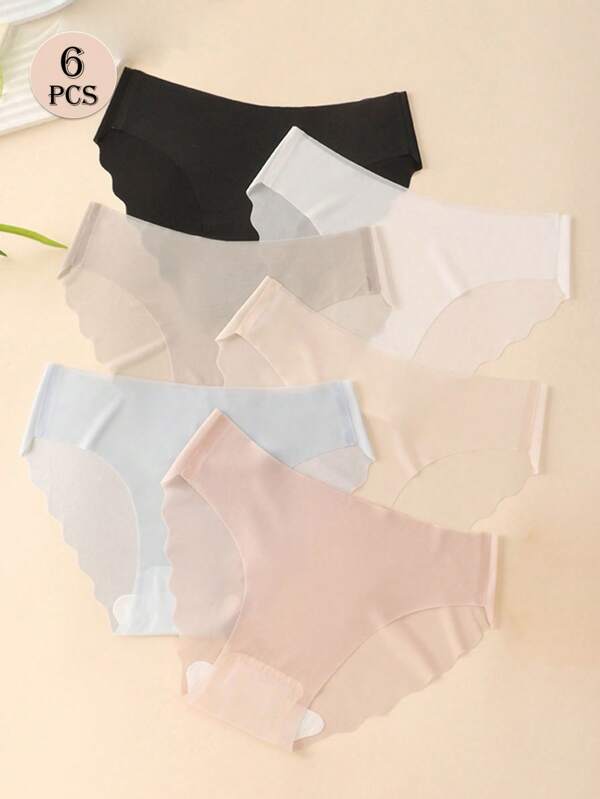 6pcs Women Solid Color Super Thin Semi-Sheer Silk Feeling Breathable Comfortable Mid-Rise Panties