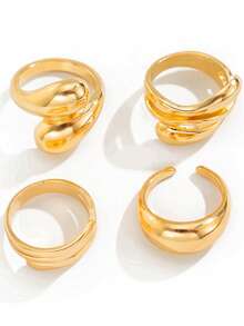 Bộ trang sức nhẫn vàng có thể điều chỉnh hình học rỗng bất đối xứng trừu tượng thời trang cổ điển 4 chiếc, đa năng cho trang phục thường ngày, trang trí ngày lễ và làm quà tặng của phụ nữ - Vàng 4 mảnh - Xem 4