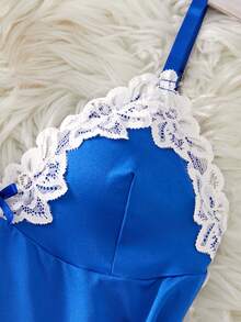 ROMWE Kawaii Váy ngủ nữ thiết kế quyến rũ cổ chữ V phối ren màu tương phản, đồ lót gợi cảm cho nữ, áo ngủ dây mảnh gợi cảm khi đi chơi - Màu xanh lam - Xem 4
