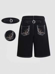 Pantaloni scurți negri din denim, stil retro de stradă principală, broderie florală personalizată, modă de top, esențiali pentru călătorii și vacanțe - Negru - Vizualizare 1