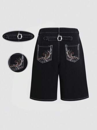 Retro High Street Style Black Denim Shorts, Personalized Floral Embroidery Leading Fashion, Essential For Travel & Holiday