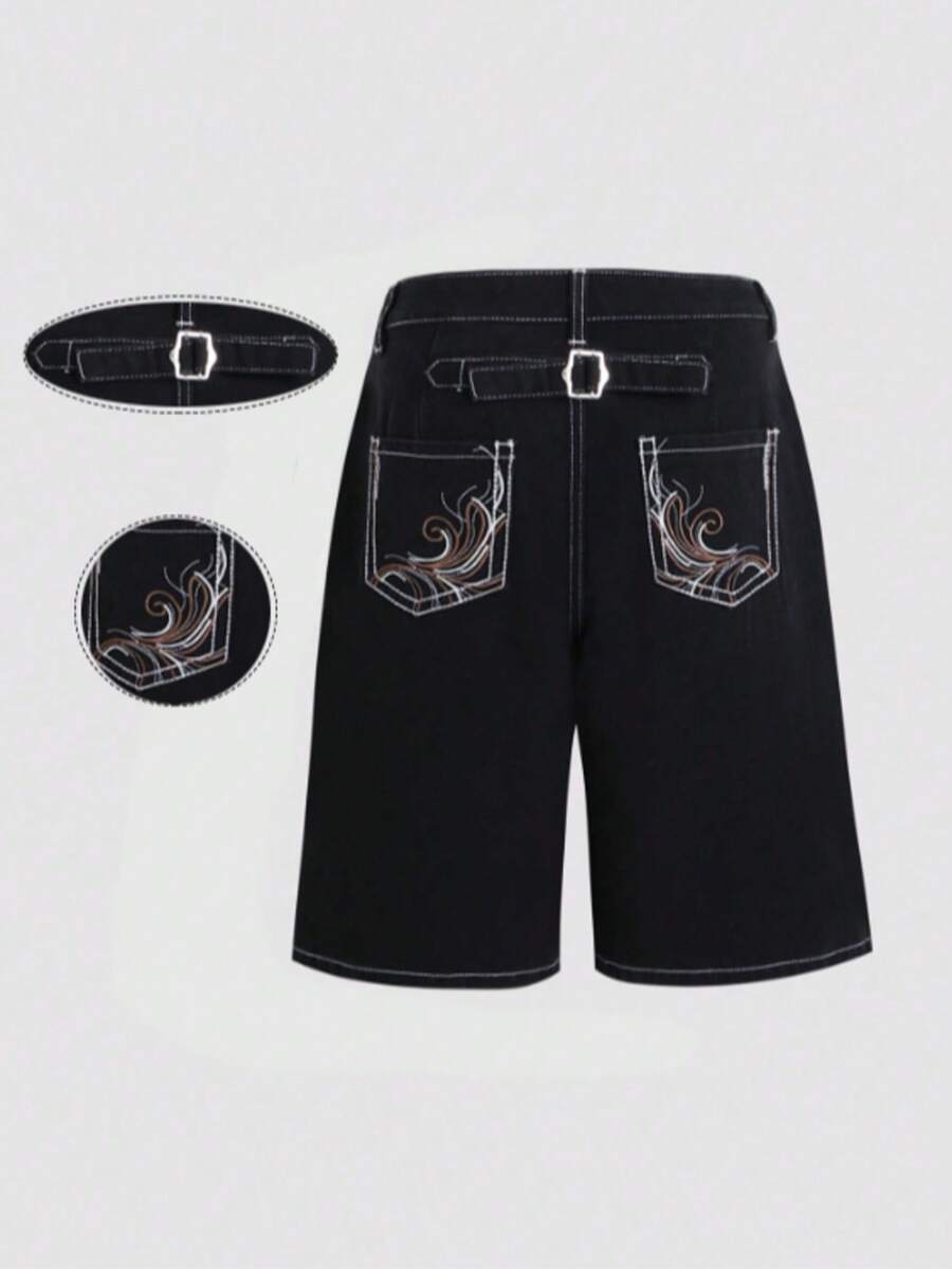 Pantaloni scurți negri din denim, stil retro de stradă principală, broderie florală personalizată, modă de top, esențiali pentru călătorii și vacanțe - Negru - Vizualizare 1