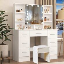 Large Vanity Table, 39.37" Makeup Vanity With Mirror And Lighting, Dressing Table With 7 Drawers, 4 Shelves, 1 Stool, 3 Color-Adjustable Makeup Mirrors, Desk Set For The Bedroom, White - 白色 - 查看 4