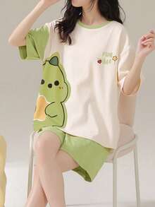 AICJ 2 件女士休闲卡通怪物印花圆领睡衣套装，包括短袖 T 恤和短裤，适合作为母亲节、情人节、新年礼物 - 綠色 - 查看 4