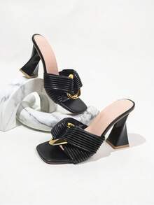 Women's Hot Pink Metallic Decor Ruched Sculpture Platform Mules, Fashionable Thick Bottom Sandals - Black - View 6