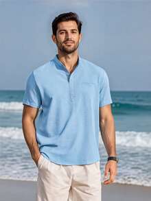 Men's Solid Color Short Sleeve Casual Polo Shirt For Commuting - Blue - View 1