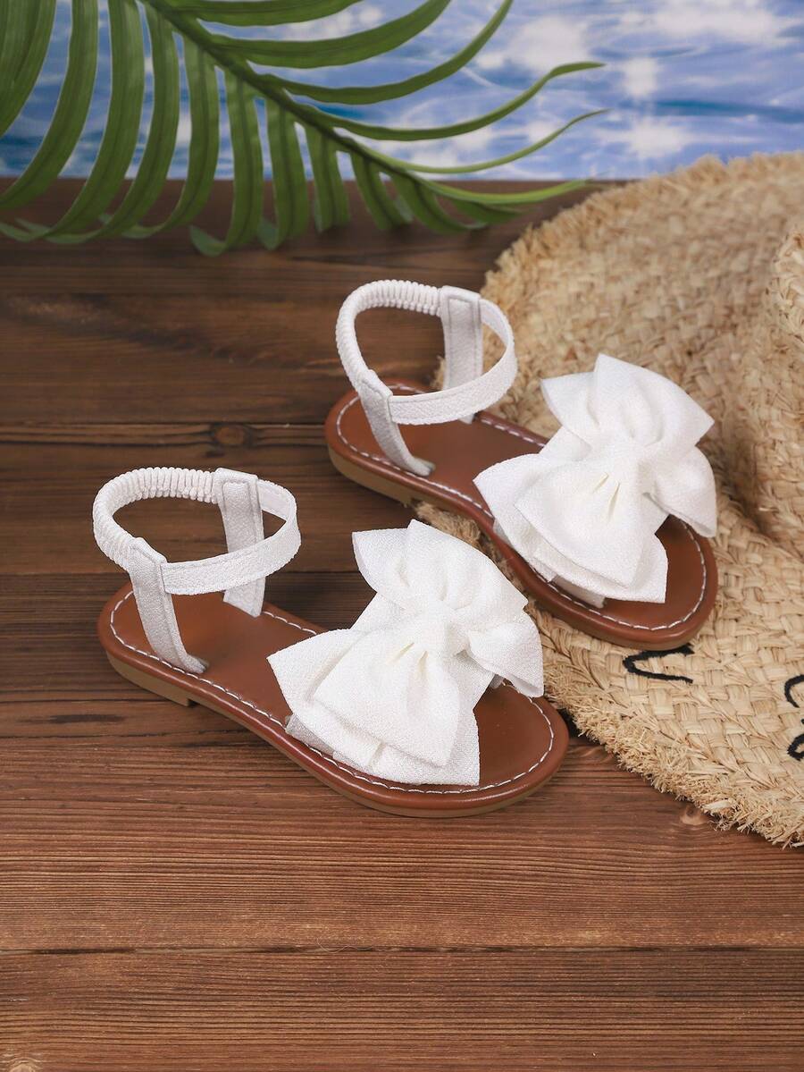 1 Pair Fashion Bow-Decorated Girls Flat Sandals, Suitable For 3-15 Years Old Children For Outdoor, Travel, Beach Activities - White - View 1