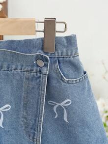 2 件/套女孩休闲蝴蝶印花牛仔 T 恤和牛仔短裙，带刺绣蝴蝶装饰 - 白色 - 查看 6