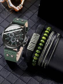 4PCS Green Men's Watch Set Fashion Business Versatile Classic Quartz Watch Bracelet Set With Calendar Suitable For Daily Clothing Matching Or Holiday Gifts